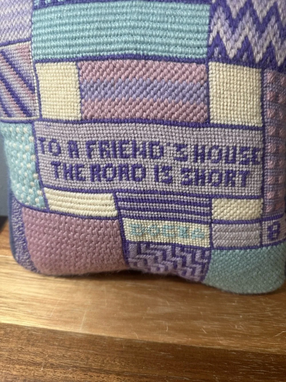 Vintage Purple and Pastel Needlepoint Patchwork Decorative Pillow